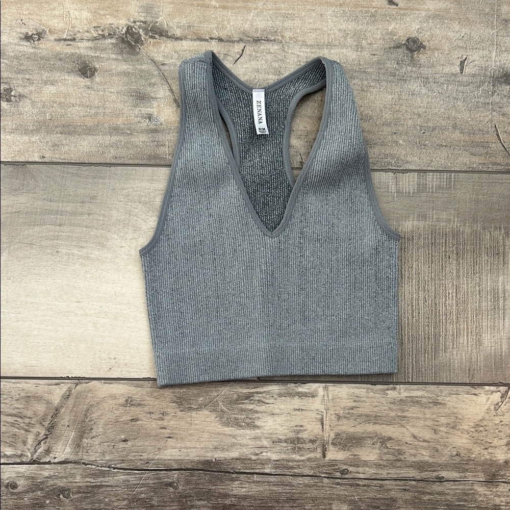 Zenana Ribbed V-Neck Cropped Tank Top - Gray
